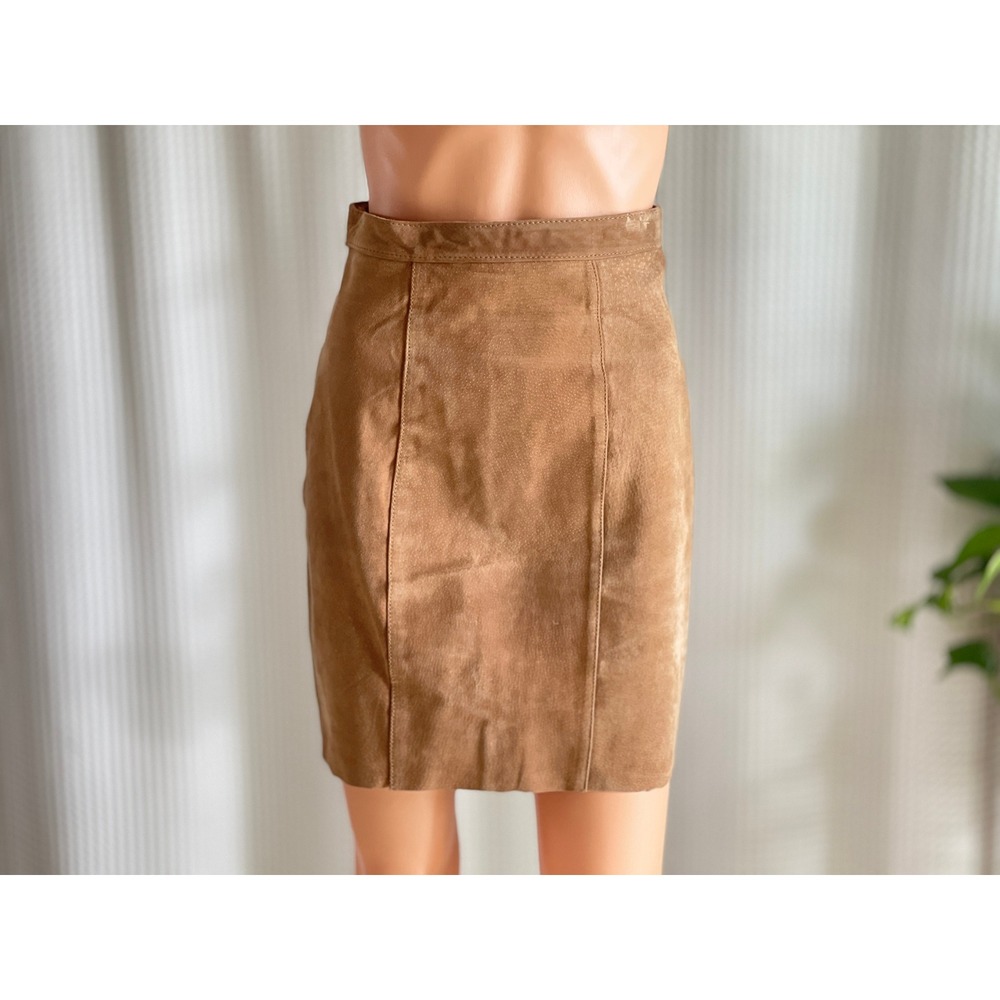 Vintage 90s Global Identity Leather London Tan Brown‎ Suede Mini Skirt Size 3/4 - Picture 2 of 9